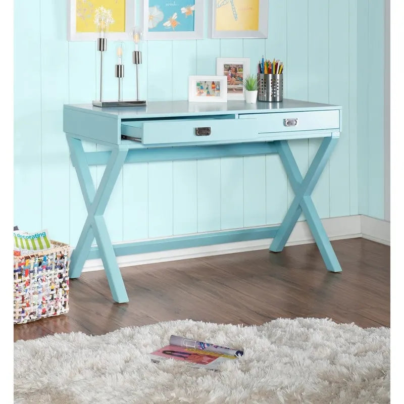 Bureau avec deux tiroirs et piètement en X – Turquoise / Bleu marine / Gris – Pour une personne
