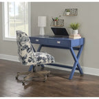 Bureau avec deux tiroirs et piètement en X – Turquoise / Bleu marine / Gris – Pour une personne