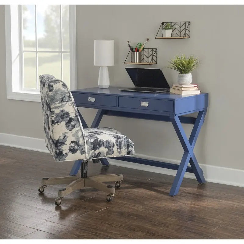 Bureau avec deux tiroirs et piètement en X – Turquoise / Bleu marine / Gris – Pour une personne