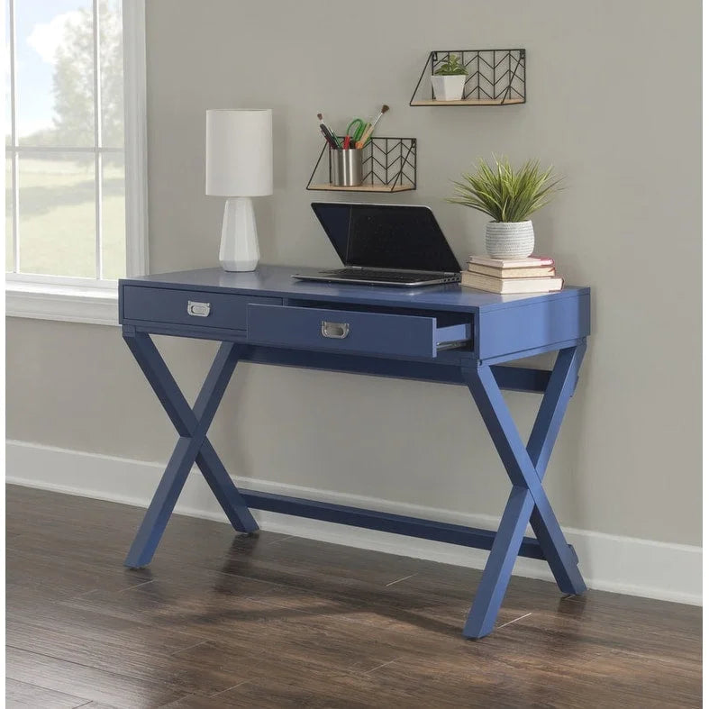 Bureau avec deux tiroirs et piètement en X – Turquoise / Bleu marine / Gris – Pour une personne