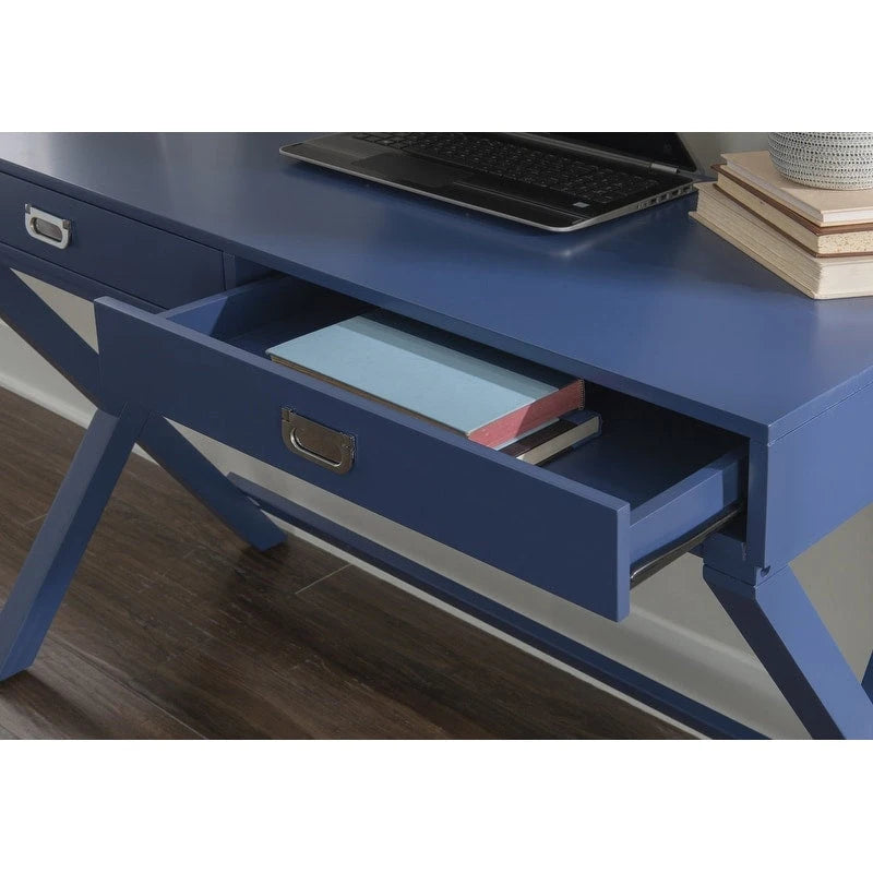 Bureau avec deux tiroirs et piètement en X – Turquoise / Bleu marine / Gris – Pour une personne