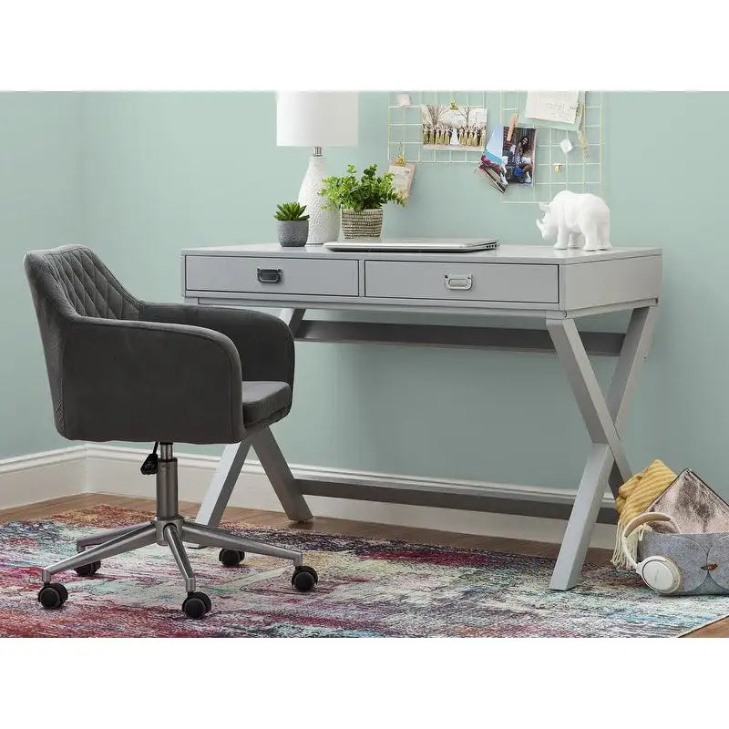 Bureau avec deux tiroirs et piètement en X – Turquoise / Bleu marine / Gris – Pour une personne