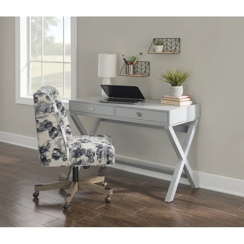 Bureau avec deux tiroirs et piètement en X – Turquoise / Bleu marine / Gris – Pour une personne