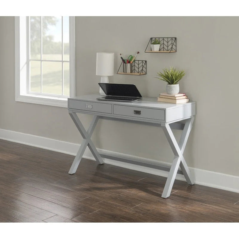 Bureau avec deux tiroirs et piètement en X – Turquoise / Bleu marine / Gris – Pour une personne