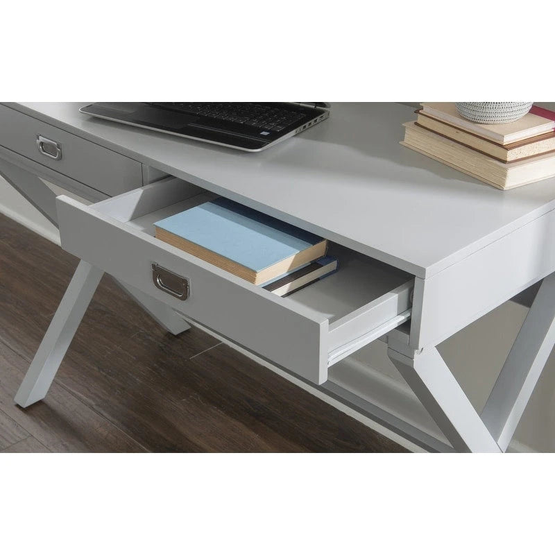 Bureau avec deux tiroirs et piètement en X – Turquoise / Bleu marine / Gris – Pour une personne