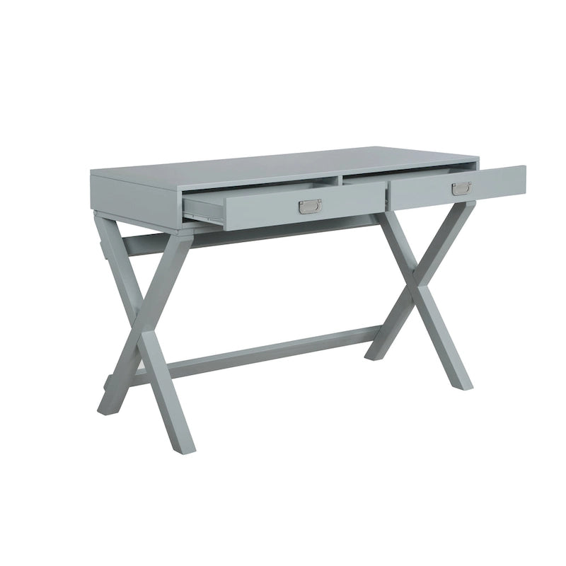 Bureau avec deux tiroirs et piètement en X – Turquoise / Bleu marine / Gris – Pour une personne