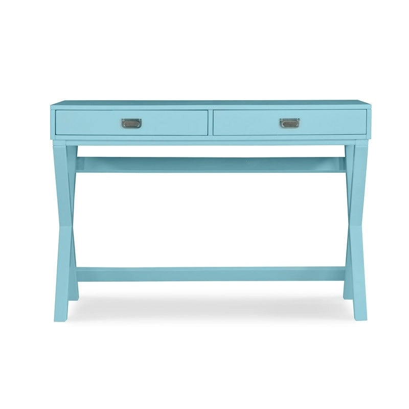 Bureau avec deux tiroirs et piètement en X – Turquoise / Bleu marine / Gris – Pour une personne