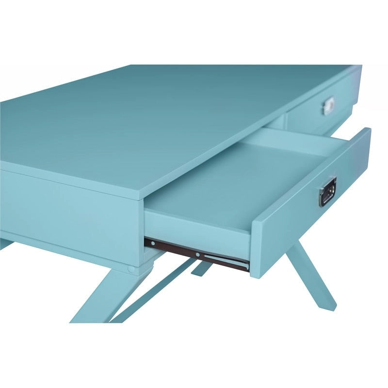Bureau avec deux tiroirs et piètement en X – Turquoise / Bleu marine / Gris – Pour une personne