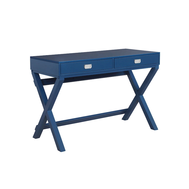 Bureau avec deux tiroirs et piètement en X – Turquoise / Bleu marine / Gris – Pour une personne