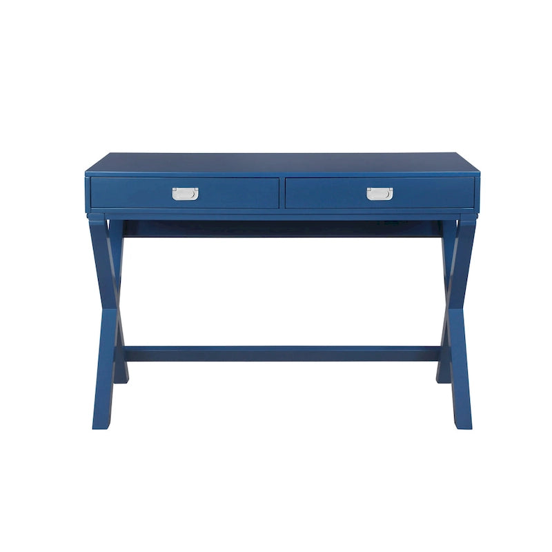 Bureau avec deux tiroirs et piètement en X – Turquoise / Bleu marine / Gris – Pour une personne