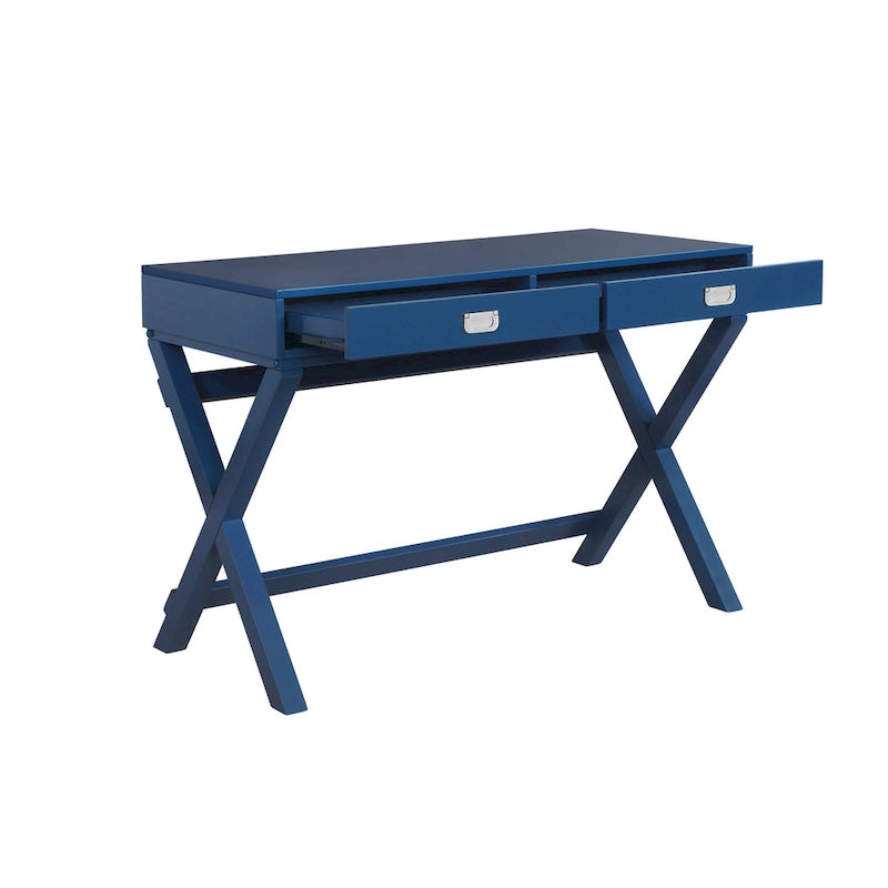 Bureau avec deux tiroirs et piètement en X – Turquoise / Bleu marine / Gris – Pour une personne