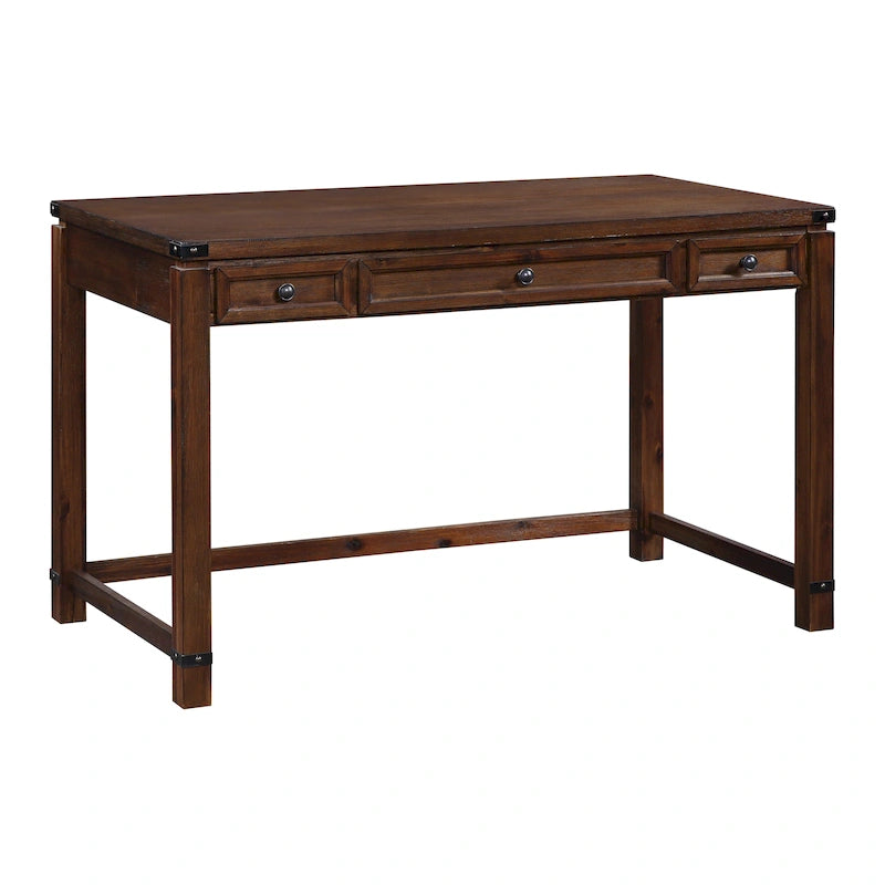 Bureau d'écriture en bois marron/blanc cassé vieilli avec 3 tiroirs