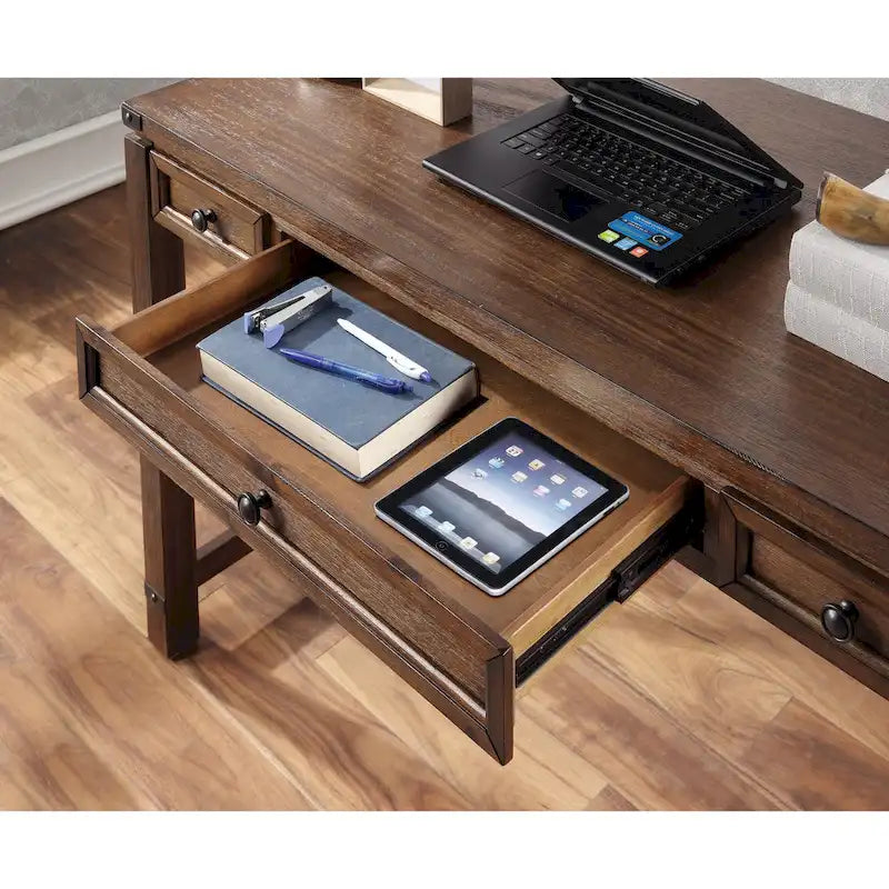 Bureau d'écriture en bois marron/blanc cassé vieilli avec 3 tiroirs