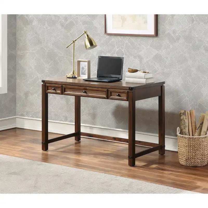 Bureau d'écriture en bois marron/blanc cassé vieilli avec 3 tiroirs