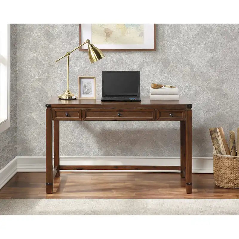 Bureau d'écriture en bois marron/blanc cassé vieilli avec 3 tiroirs