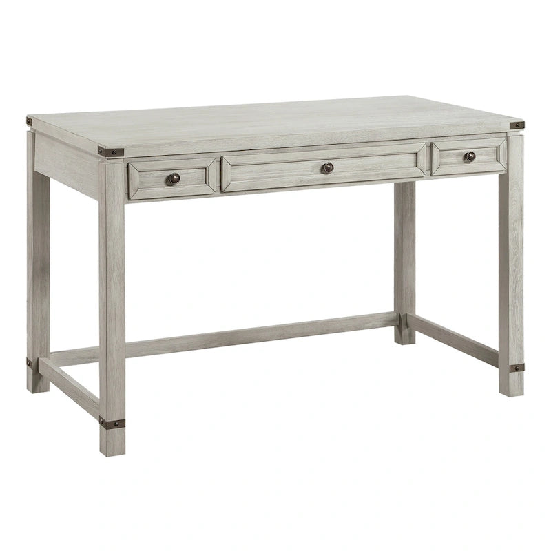 Bureau d'écriture en bois marron/blanc cassé vieilli avec 3 tiroirs