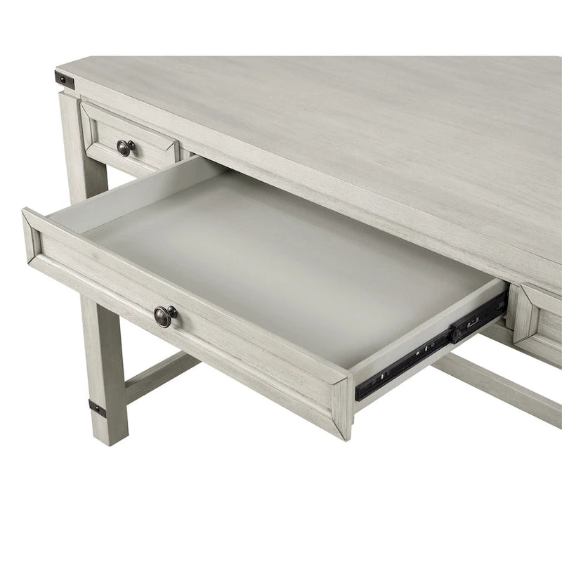 Bureau d'écriture en bois marron/blanc cassé vieilli avec 3 tiroirs