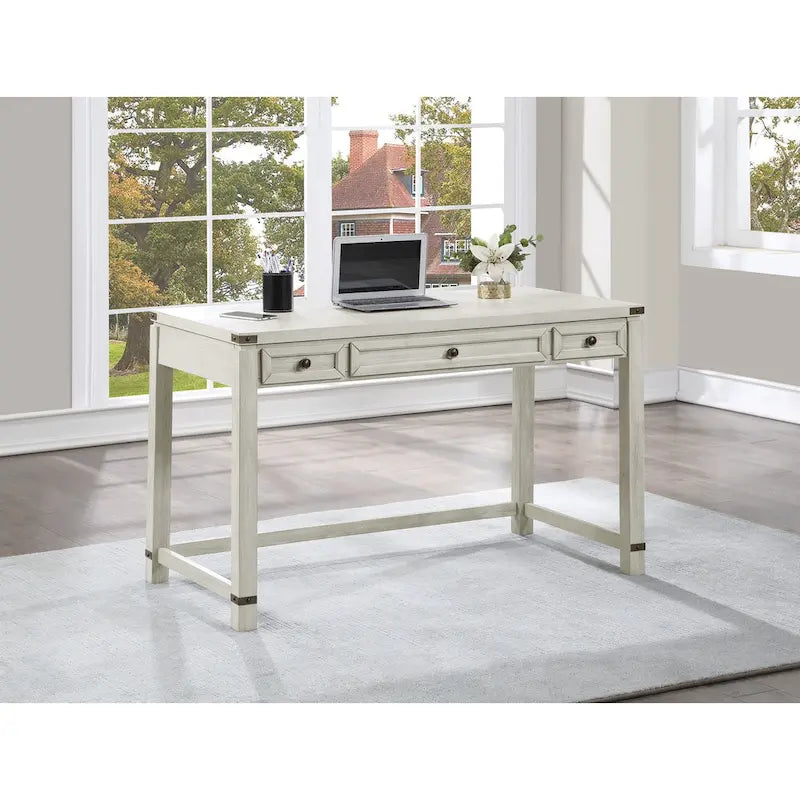 Bureau d'écriture en bois marron/blanc cassé vieilli avec 3 tiroirs