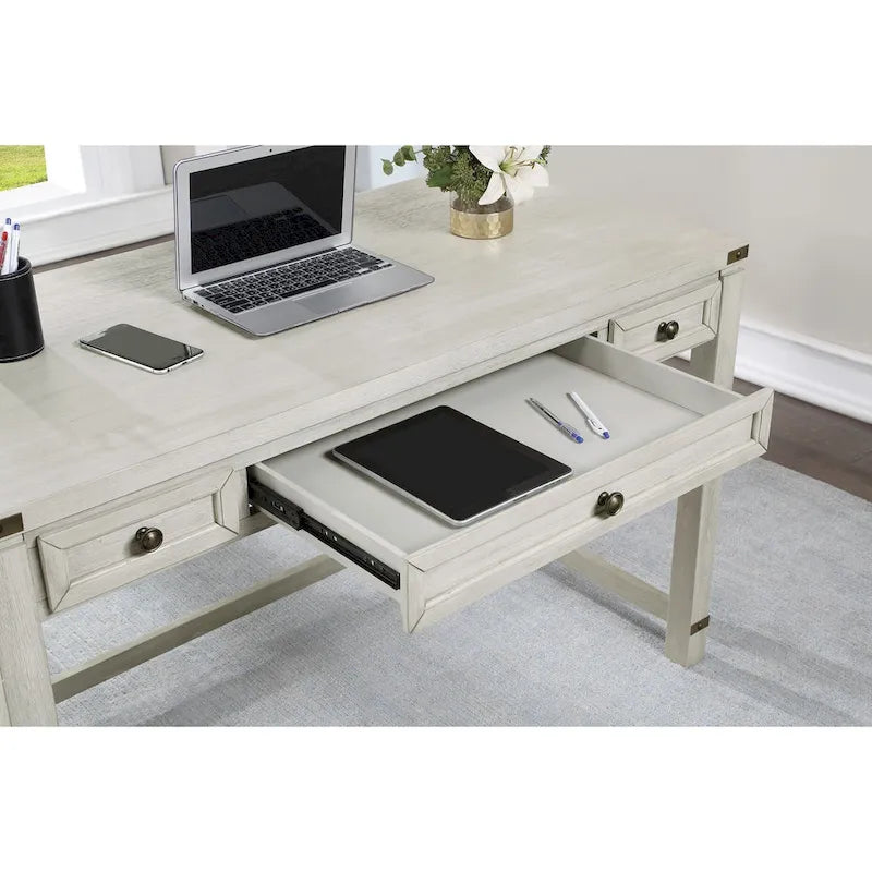Bureau d'écriture en bois marron/blanc cassé vieilli avec 3 tiroirs