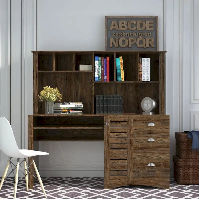 Bureau informatique marron/blanc/chêne avec huche et 3 tiroirs