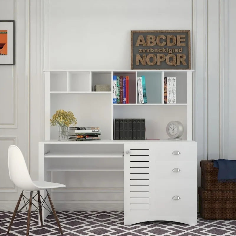 Bureau informatique marron/blanc/chêne avec huche et 3 tiroirs
