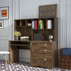 Bureau informatique marron/blanc/chêne avec huche et 3 tiroirs