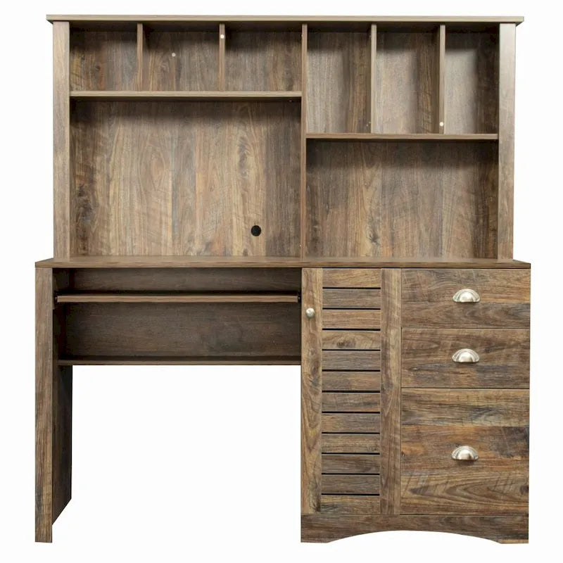 Bureau informatique marron/blanc/chêne avec huche et 3 tiroirs