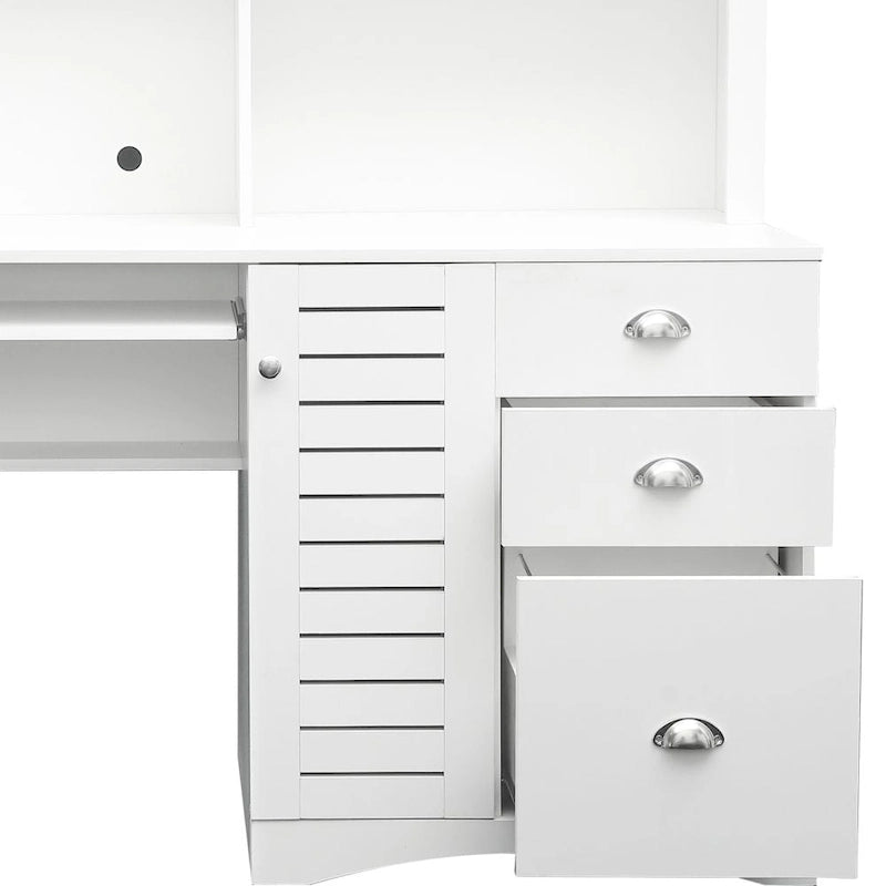 Bureau informatique marron/blanc/chêne avec huche et 3 tiroirs