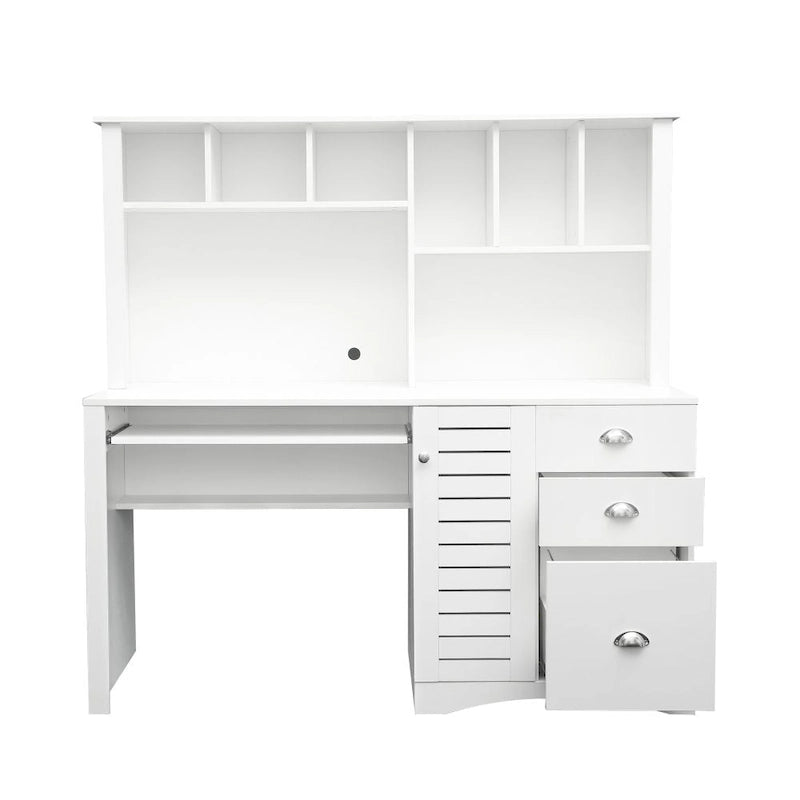 Bureau informatique marron/blanc/chêne avec huche et 3 tiroirs