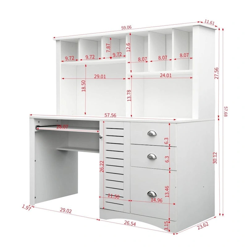 Bureau informatique marron/blanc/chêne avec huche et 3 tiroirs