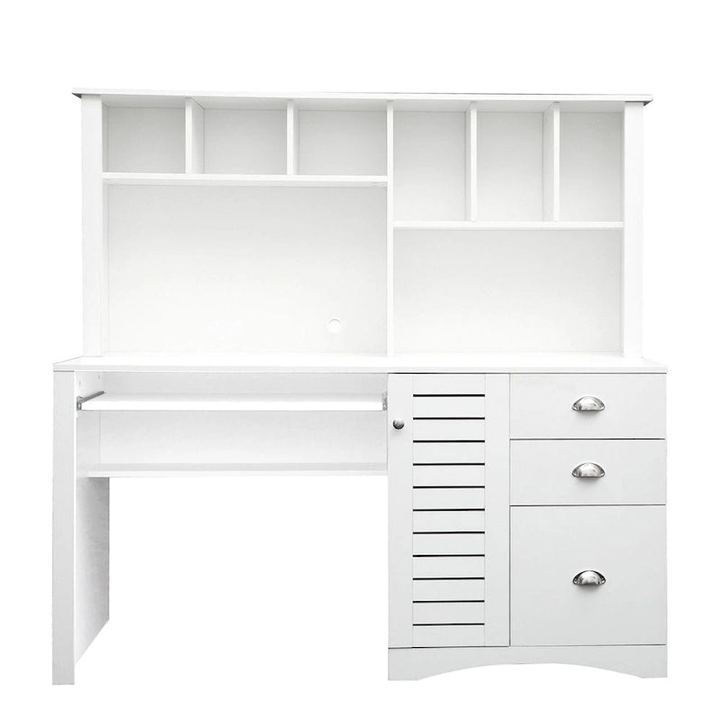 Bureau informatique marron/blanc/chêne avec huche et 3 tiroirs
