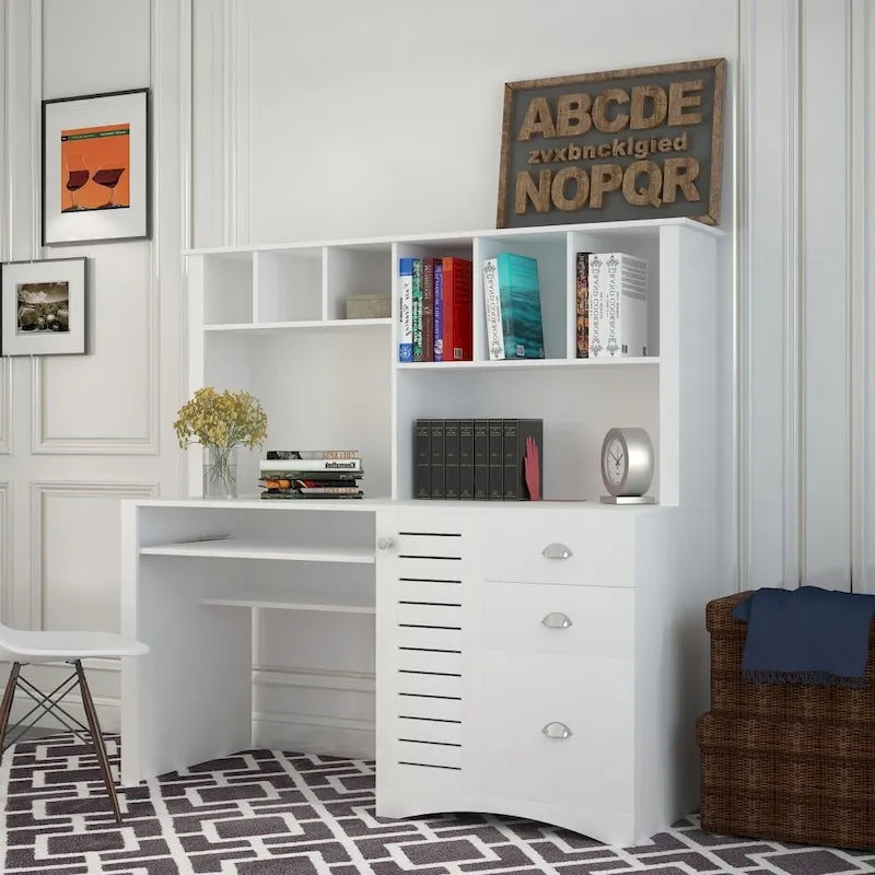 Bureau informatique marron/blanc/chêne avec huche et 3 tiroirs