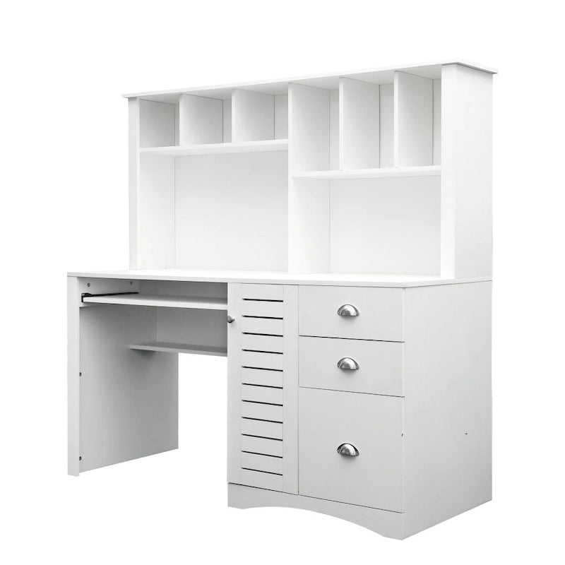 Bureau informatique marron/blanc/chêne avec huche et 3 tiroirs