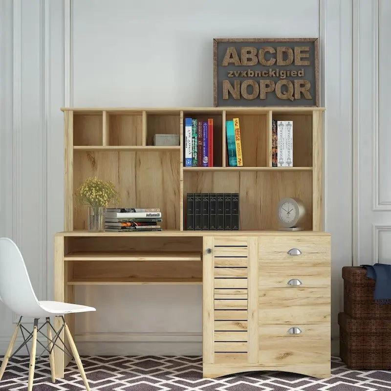 Bureau informatique marron/blanc/chêne avec huche et 3 tiroirs
