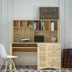 Bureau informatique marron/blanc/chêne avec huche et 3 tiroirs