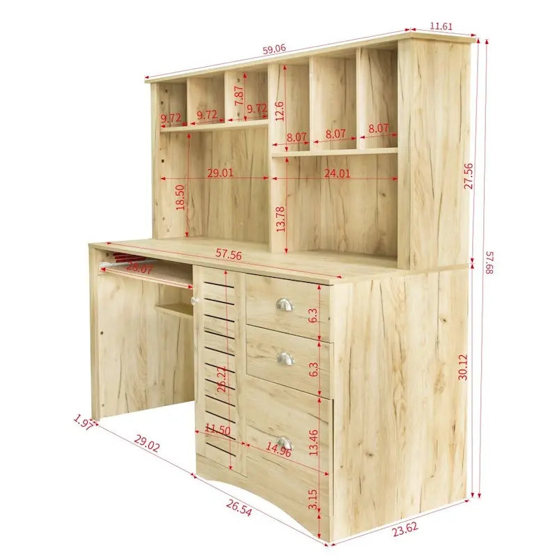 Bureau informatique marron/blanc/chêne avec huche et 3 tiroirs