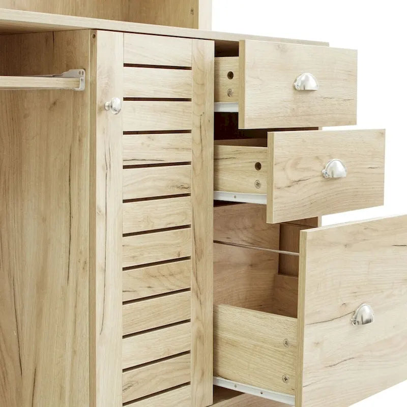 Bureau informatique marron/blanc/chêne avec huche et 3 tiroirs