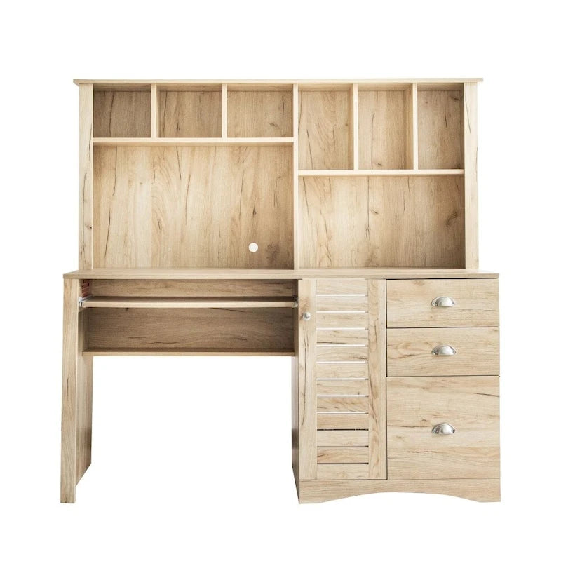 Bureau informatique marron/blanc/chêne avec huche et 3 tiroirs