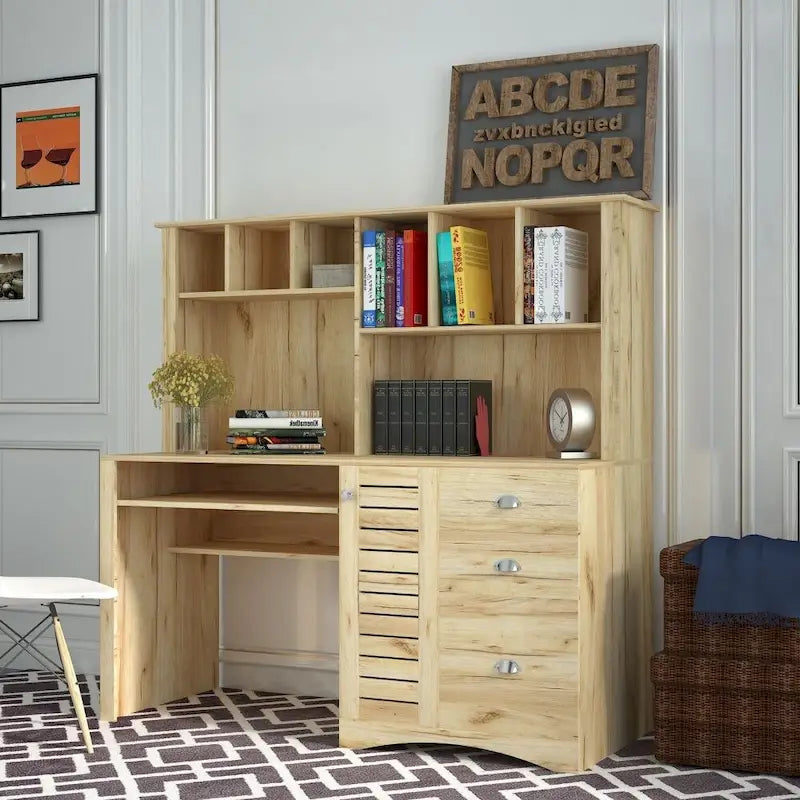 Bureau informatique marron/blanc/chêne avec huche et 3 tiroirs