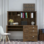 Bureau informatique marron/blanc/chêne avec huche et 3 tiroirs