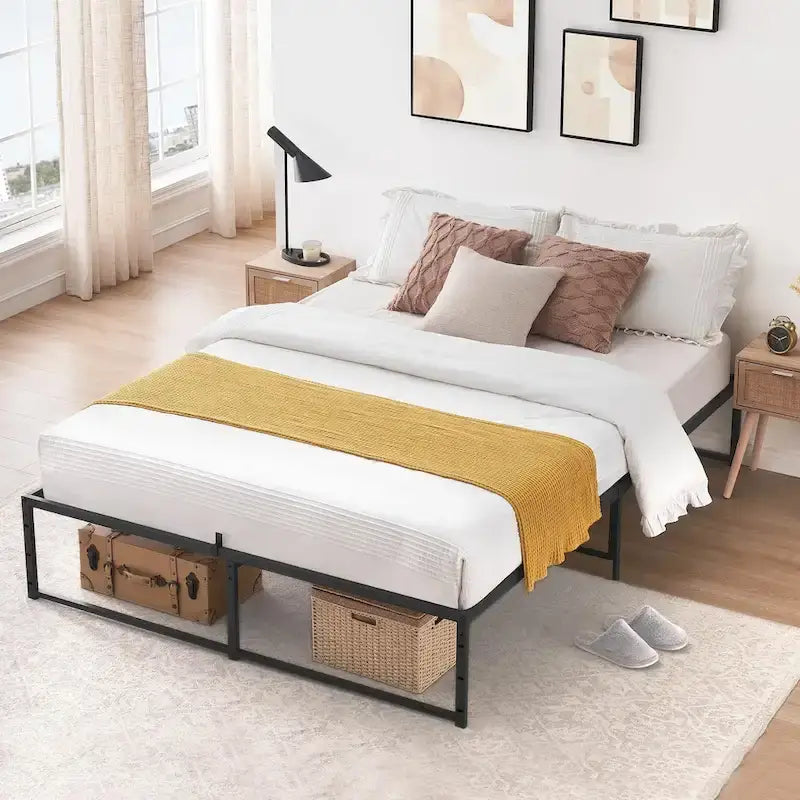 Cadre de lit plateforme en métal noir, lit simple / double / grand lit, pour 1 ou 2 personnes