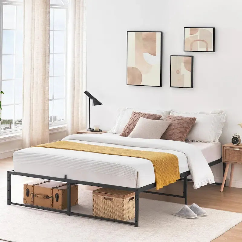 Cadre de lit plateforme en métal noir, lit simple / double / grand lit, pour 1 ou 2 personnes