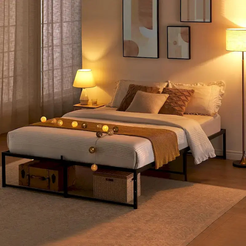 Cadre de lit plateforme en métal noir, lit simple / double / grand lit, pour 1 ou 2 personnes