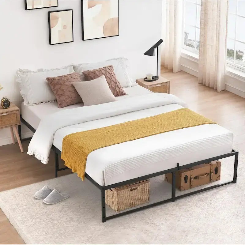 Cadre de lit plateforme en métal noir, lit simple / double / grand lit, pour 1 ou 2 personnes