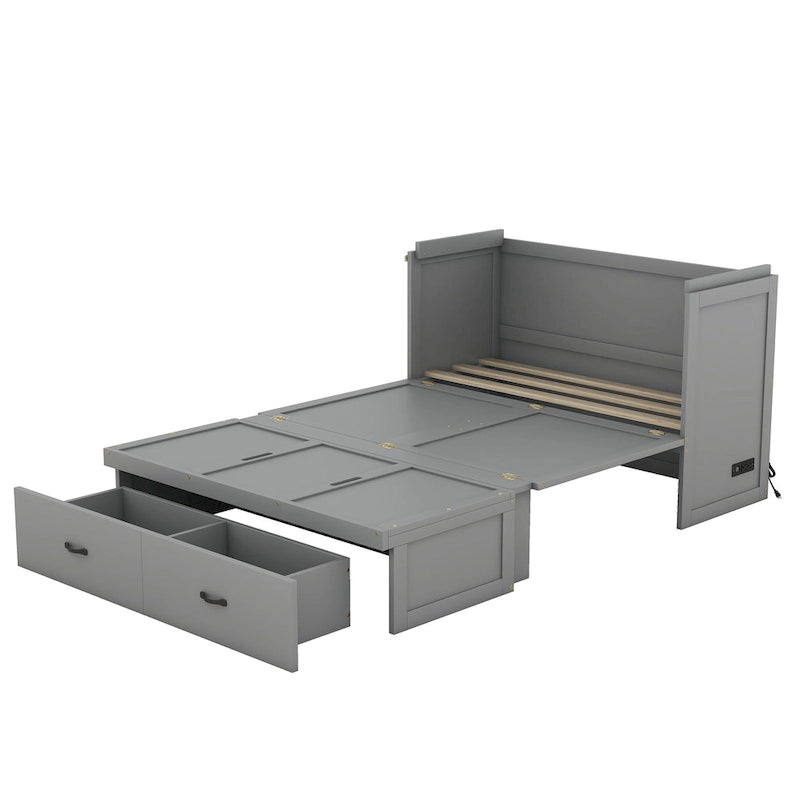 Lit escamotable gris pleine grandeur avec tiroir et ports USB, 1 place