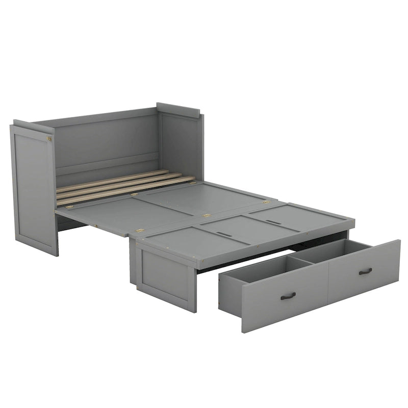 Lit escamotable gris pleine grandeur avec tiroir et ports USB, 1 place