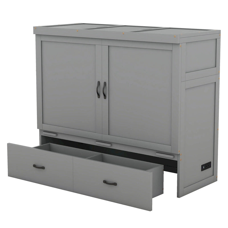 Lit escamotable gris pleine grandeur avec tiroir et ports USB, 1 place