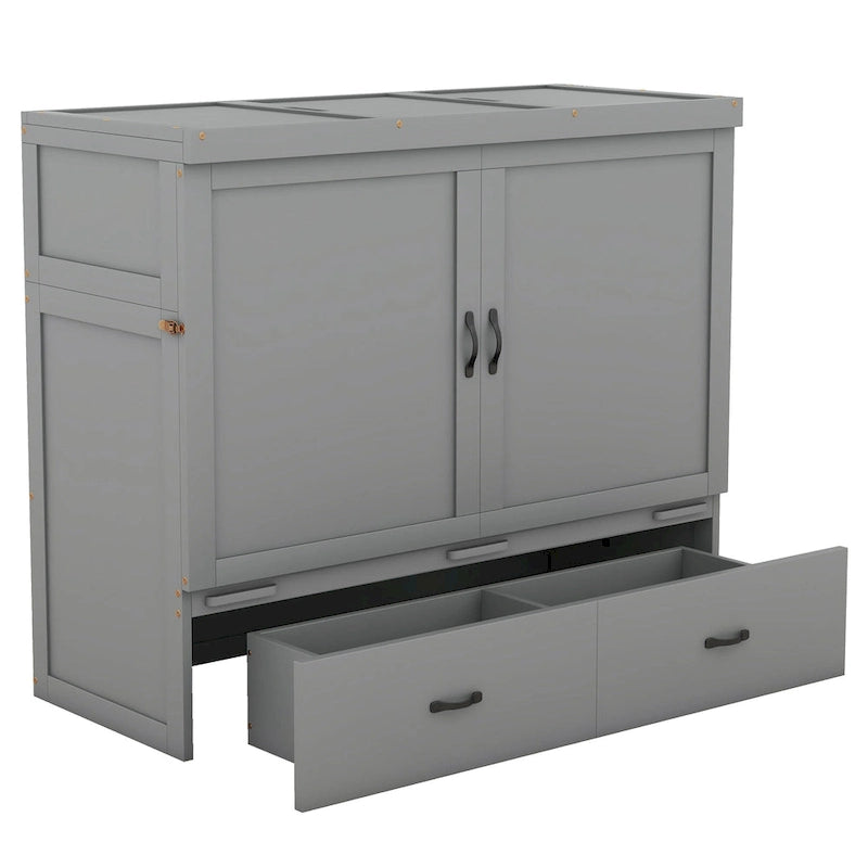 Lit escamotable gris pleine grandeur avec tiroir et ports USB, 1 place