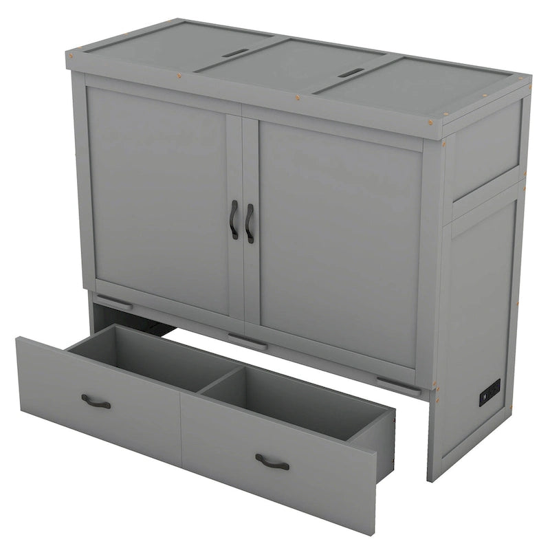 Lit escamotable gris pleine grandeur avec tiroir et ports USB, 1 place