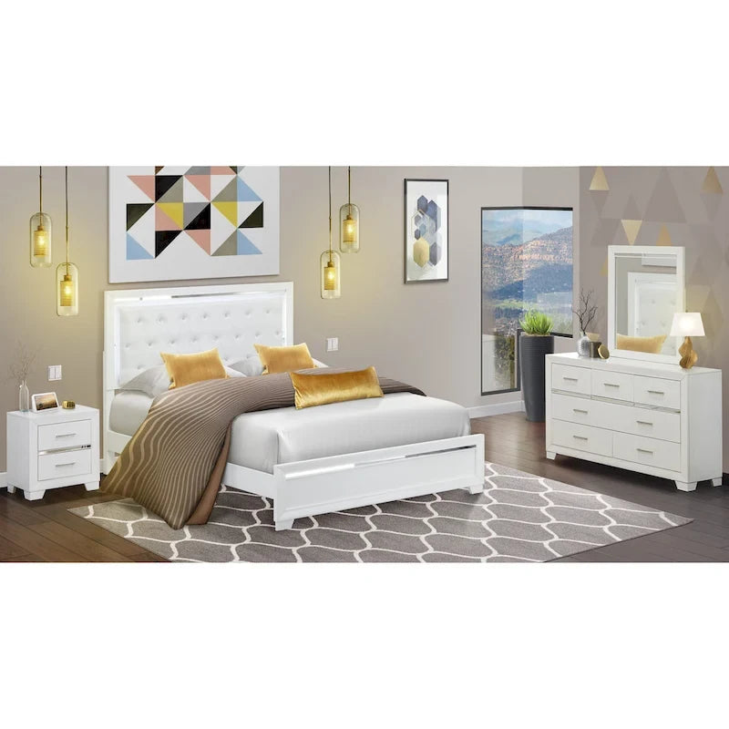 Cadre de lit Queen blanc, bois d'ingénierie, ensemble de chambre à coucher multi-pièces